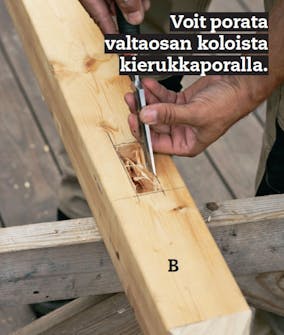 Purjekatos: Talttaa yläsidepuun (B) tappien lovet auki. Purjekatos: Talttaa yläsidepuun (B) tappien lovet auki.